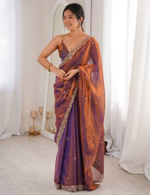 purple color fendy satin fabric beads pearl embroidery work heavy ceremonial saree 1