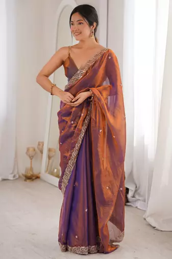 purple color fendy satin fabric beads pearl embroidery work heavy ceremonial saree