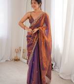 purple color fendy satin fabric beads pearl embroidery work heavy ceremonial saree