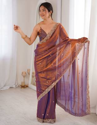 purple color fendy satin fabric beads pearl embroidery work heavy ceremonial saree 2