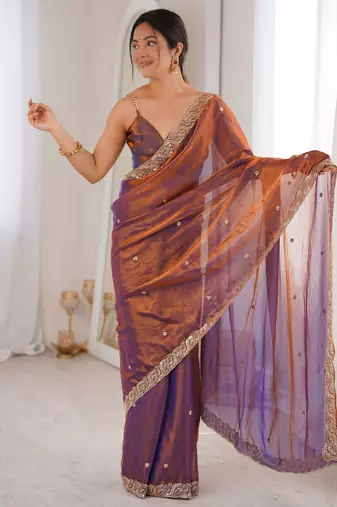 purple color fendy satin fabric beads pearl embroidery work heavy ceremonial saree