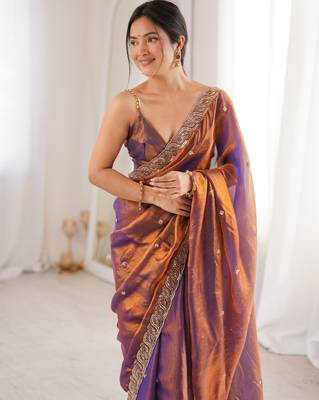 purple color fendy satin fabric beads pearl embroidery work heavy ceremonial saree 3