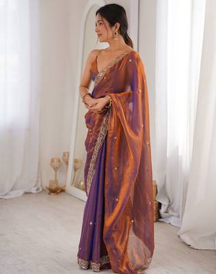 purple color fendy satin fabric beads pearl embroidery work heavy ceremonial saree 4