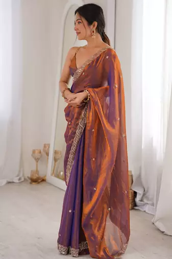 purple color fendy satin fabric beads pearl embroidery work heavy ceremonial saree