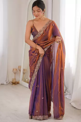 purple color fendy satin fabric beads pearl embroidery work heavy ceremonial saree