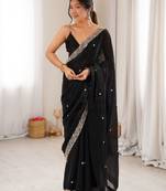 black color fendy satin fabric beads pearl embroidery work heavy ceremonial saree