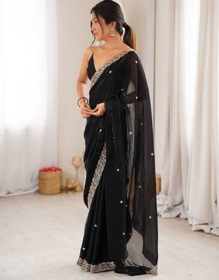 black color fendy satin fabric beads pearl embroidery work heavy ceremonial saree 4