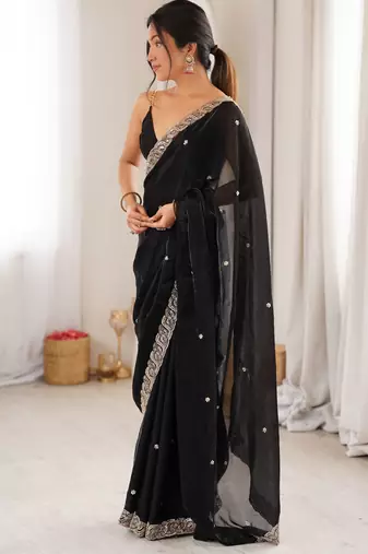 black color fendy satin fabric beads pearl embroidery work heavy ceremonial saree