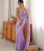 lavender color fendy satin fabric beads pearl embroidery work heavy ceremonial saree