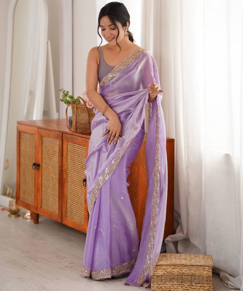 lavender color fendy satin fabric beads pearl embroidery work heavy ceremonial saree