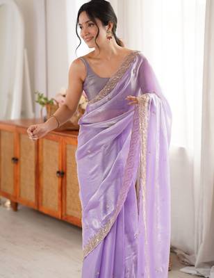 lavender color fendy satin fabric beads pearl embroidery work heavy ceremonial saree 3