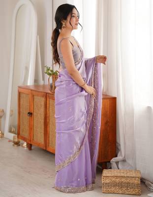lavender color fendy satin fabric beads pearl embroidery work heavy ceremonial saree 4