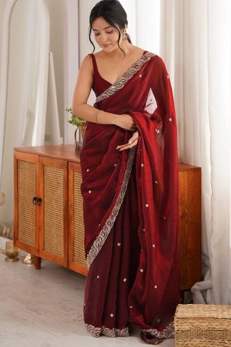 maroon color fendy satin fabric beads pearl embroidery work heavy ceremonial saree