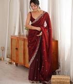 maroon color fendy satin fabric beads pearl embroidery work heavy ceremonial saree