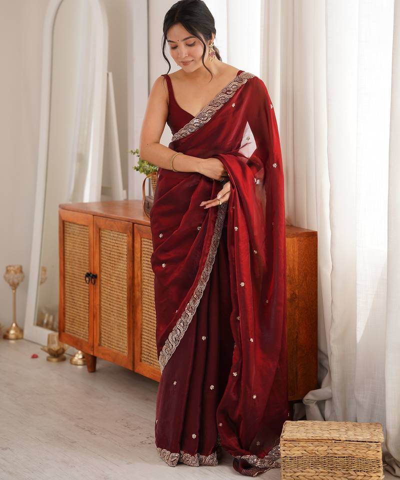 maroon color fendy satin fabric beads pearl embroidery work heavy ceremonial saree