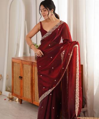 maroon color fendy satin fabric beads pearl embroidery work heavy ceremonial saree 2