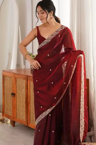 maroon color fendy satin fabric beads pearl embroidery work heavy ceremonial saree