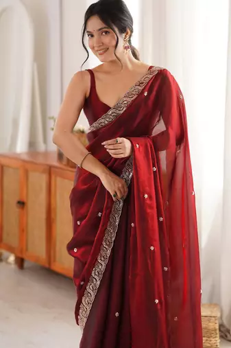 maroon color fendy satin fabric beads pearl embroidery work heavy ceremonial saree