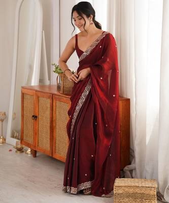 maroon color fendy satin fabric beads pearl embroidery work heavy ceremonial saree 4