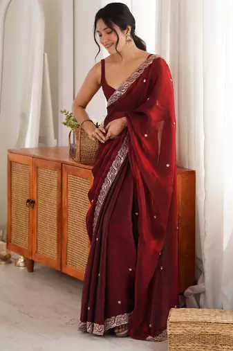 maroon color fendy satin fabric beads pearl embroidery work heavy ceremonial saree