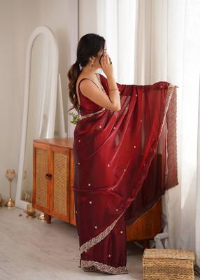 maroon color fendy satin fabric beads pearl embroidery work heavy ceremonial saree 5