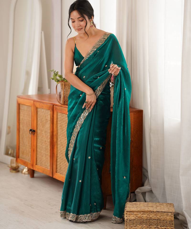 Rama color fendy satin fabric beads pearl embroidery work heavy ceremonial saree