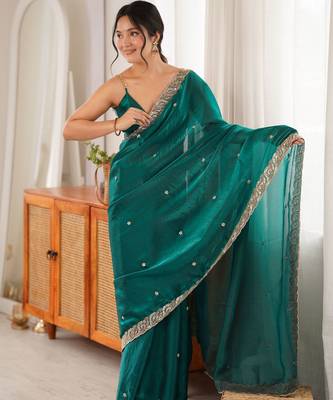 rama color fendy satin fabric beads pearl embroidery work heavy ceremonial saree 2