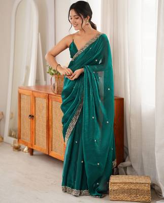 rama color fendy satin fabric beads pearl embroidery work heavy ceremonial saree 3