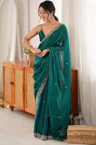 rama color fendy satin fabric beads pearl embroidery work heavy ceremonial saree