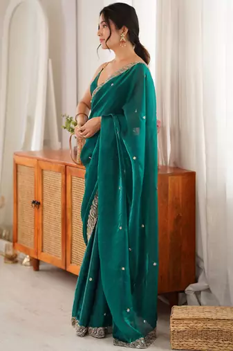 rama color fendy satin fabric beads pearl embroidery work heavy ceremonial saree