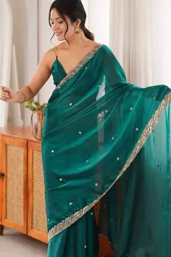 rama color fendy satin fabric beads pearl embroidery work heavy ceremonial saree