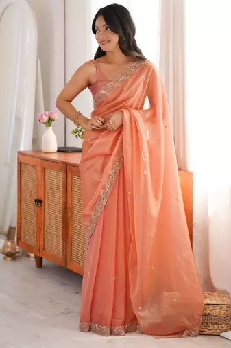Orange color fendy satin fabric beads pearl embroidery work heavy ceremonial saree