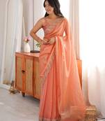 orange color fendy satin fabric beads pearl embroidery work heavy ceremonial saree