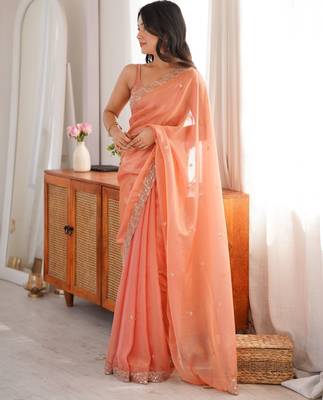 orange color fendy satin fabric beads pearl embroidery work heavy ceremonial saree 2