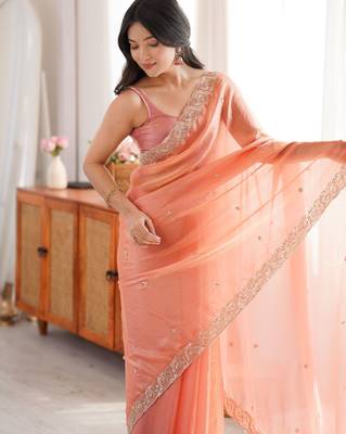 orange color fendy satin fabric beads pearl embroidery work heavy ceremonial saree 3