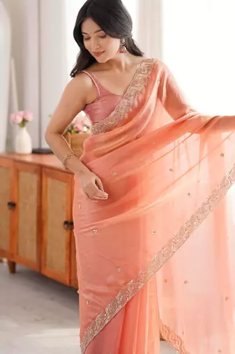 Orange color fendy satin fabric beads pearl embroidery work heavy ceremonial saree