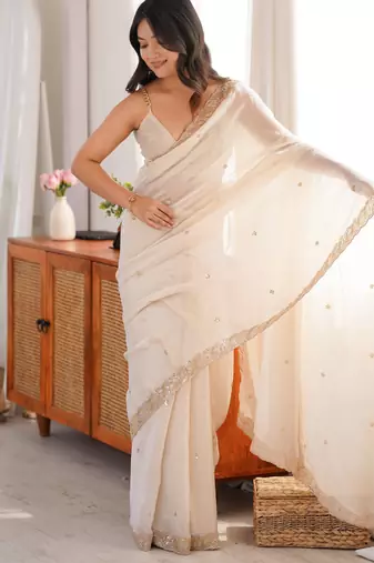 off white color fendy satin fabric beads pearl embroidery work heavy ceremonial saree