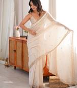 off white color fendy satin fabric beads pearl embroidery work heavy ceremonial saree