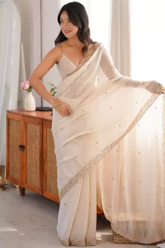 off white color fendy satin fabric beads pearl embroidery work heavy ceremonial saree