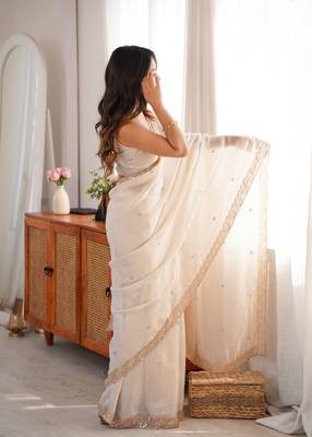 off white color fendy satin fabric beads pearl embroidery work heavy ceremonial saree 5