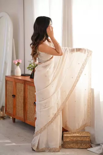 off white color fendy satin fabric beads pearl embroidery work heavy ceremonial saree