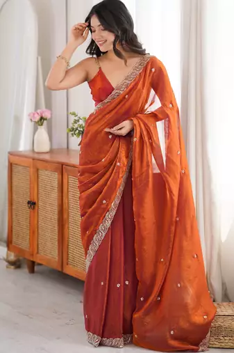 rust color fendy satin fabric beads pearl embroidery work heavy ceremonial saree