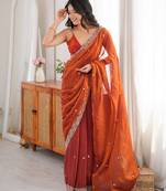 rust color fendy satin fabric beads pearl embroidery work heavy ceremonial saree