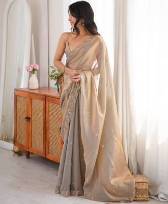 grey color fendy satin fabric beads pearl embroidery work heavy ceremonial saree 4