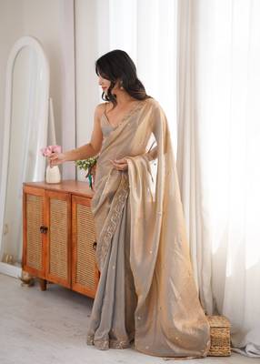 grey color fendy satin fabric beads pearl embroidery work heavy ceremonial saree 5