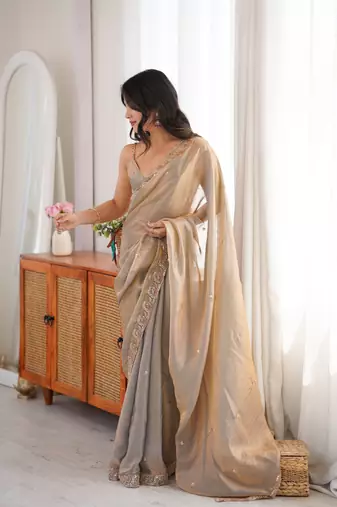 grey color fendy satin fabric beads pearl embroidery work heavy ceremonial saree