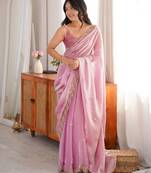 blue color fendy satin fabric beads pearl embroidery work heavy ceremonial saree