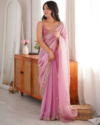 blue color fendy satin fabric beads pearl embroidery work heavy ceremonial saree 3