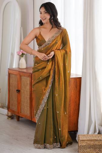 gold color fendy satin fabric beads pearl embroidery work heavy ceremonial saree