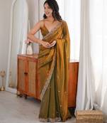 gold color fendy satin fabric beads pearl embroidery work heavy ceremonial saree